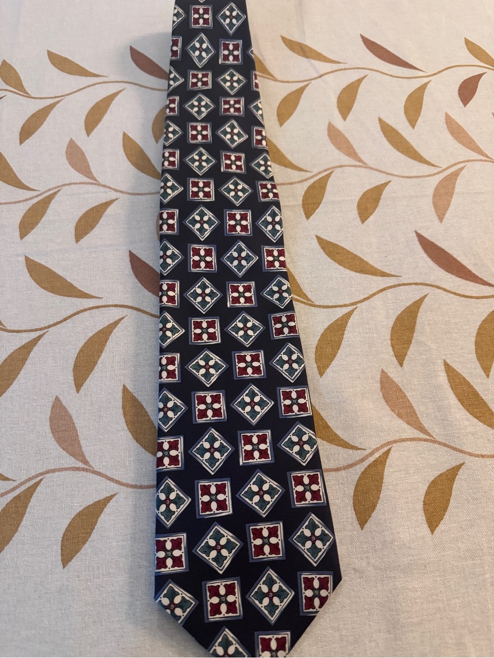 Navy Tie with Red and White Geometric Medallions